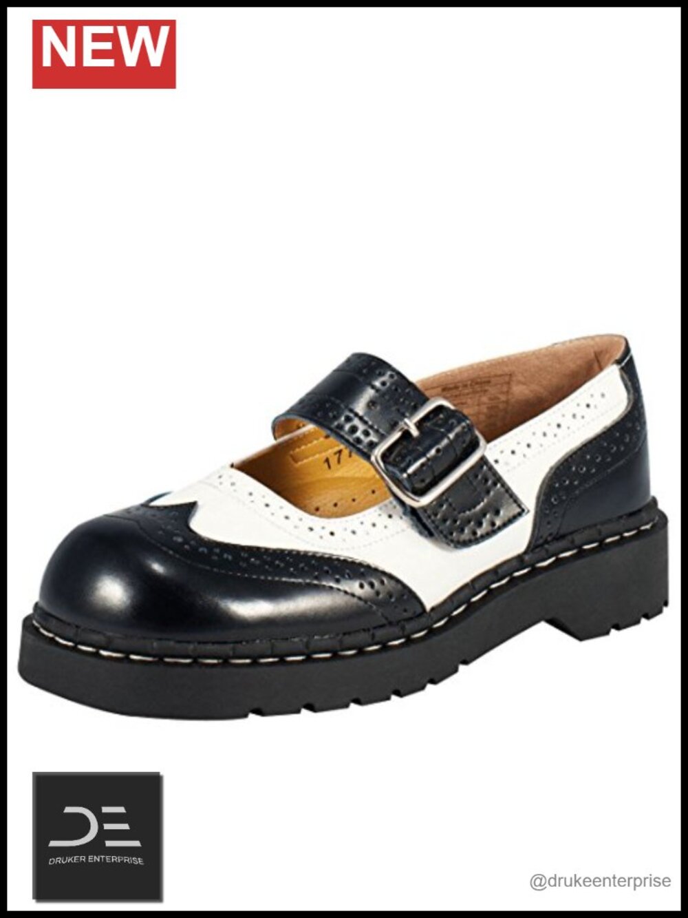 Black Leather Brogue Mary Jane Flats with Buckle Strap Padded Insole